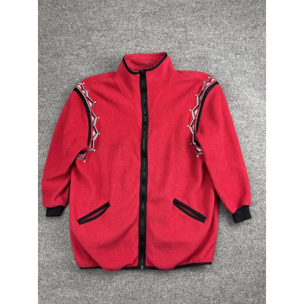 Vintage Bob Mackie Wearable Art Jacket Womens Large Red Fleece Southwestern 90s